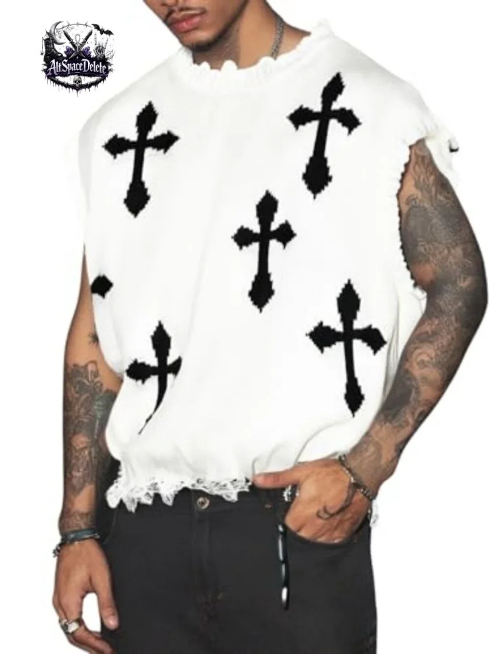 Men's Graphic Knit Sweater Vest Y2K Grunge Sleeveless Crop Pullover